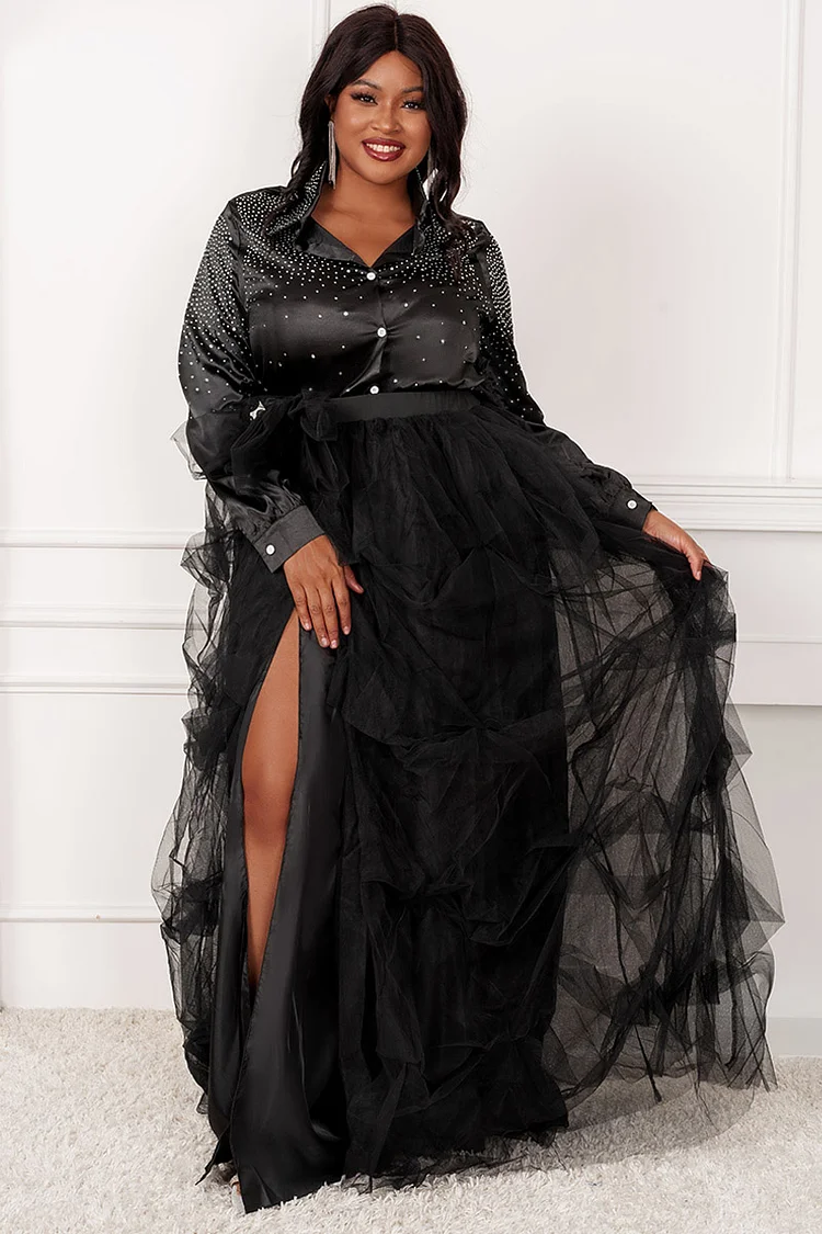 Xpluswear Design Plus Size Black Sequin Turndown Collar Long Sleeve Shirts 