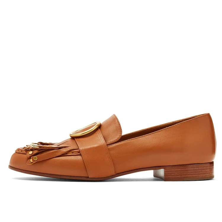 Round Toe Loafers for Women Comfortable Fringe Tan Flats |FSJ Shoes