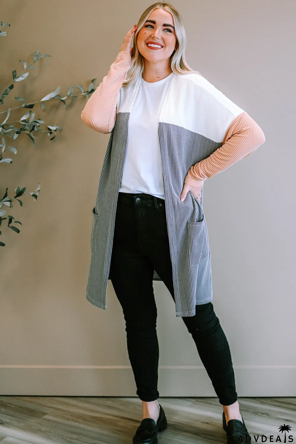 Gray Corded Colorblock Open Front Cardigan