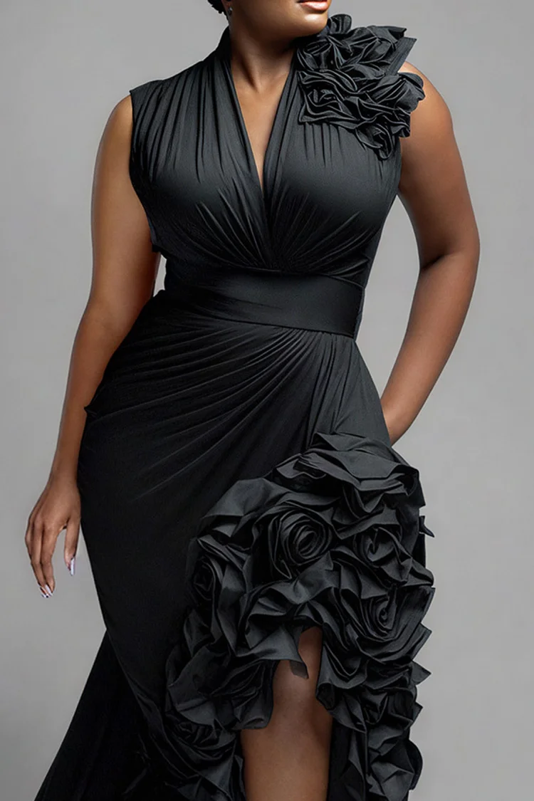 Xpluswear Design Plus Size Formal Black V Neck Split Elegant Ruffle Maxi Dresses [Pre-Order]