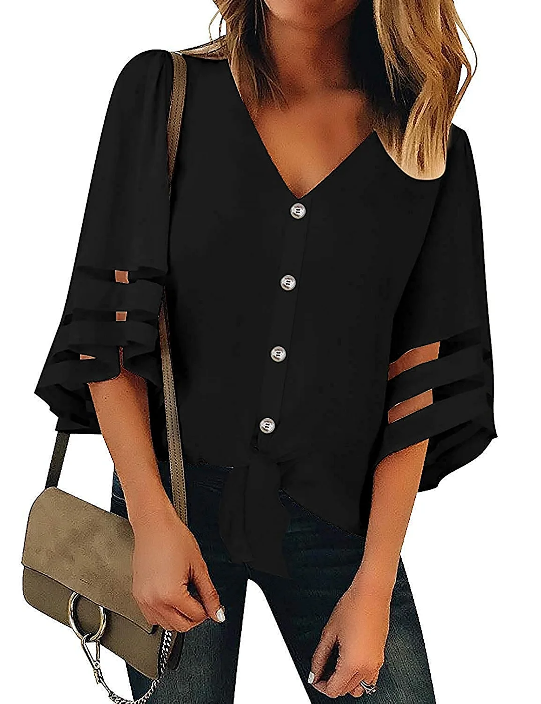 Women Summer Top V Neck Button Down Blouse Sleeveless Cami Strappy Tank Top/Mesh Panel Bell Sleeve Tie Front Shirt for Choice