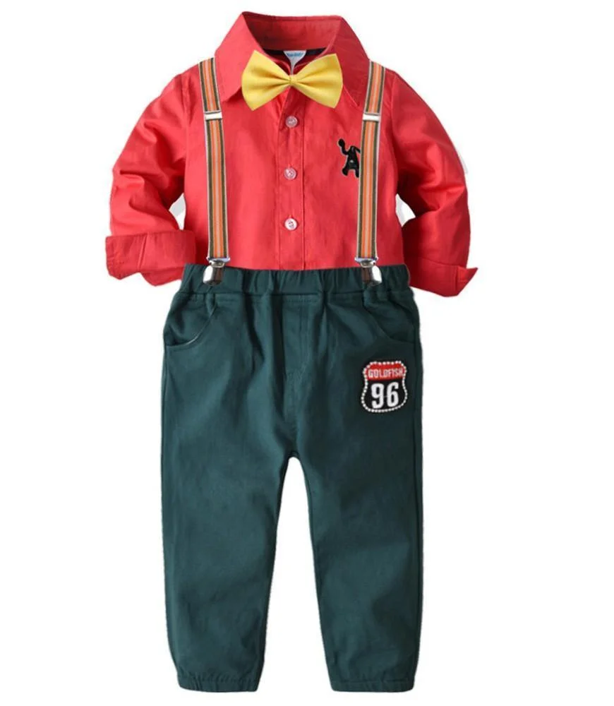 Buzzdaisy Boys Red Cotton Shirt With Bow Tie And Suspender Pants Outfit Set
