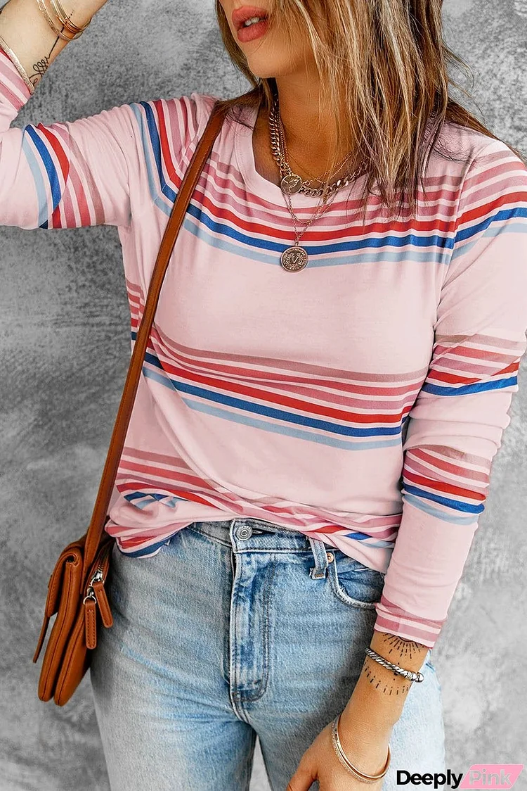 Pink Stripe Print Crew Neck Top