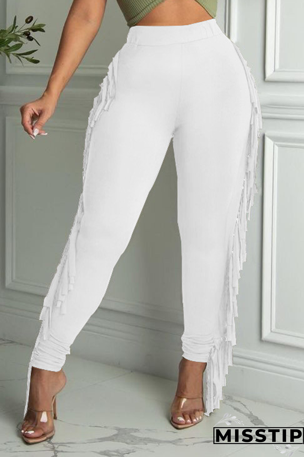 Burgundy Sexy Solid Tassel Skinny High Waist Pencil Solid Color Bottoms