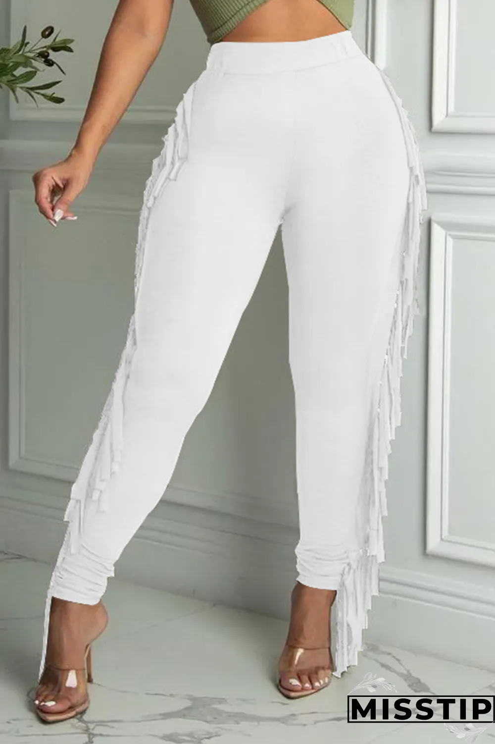 Burgundy Sexy Solid Tassel Skinny High Waist Pencil Solid Color Bottoms