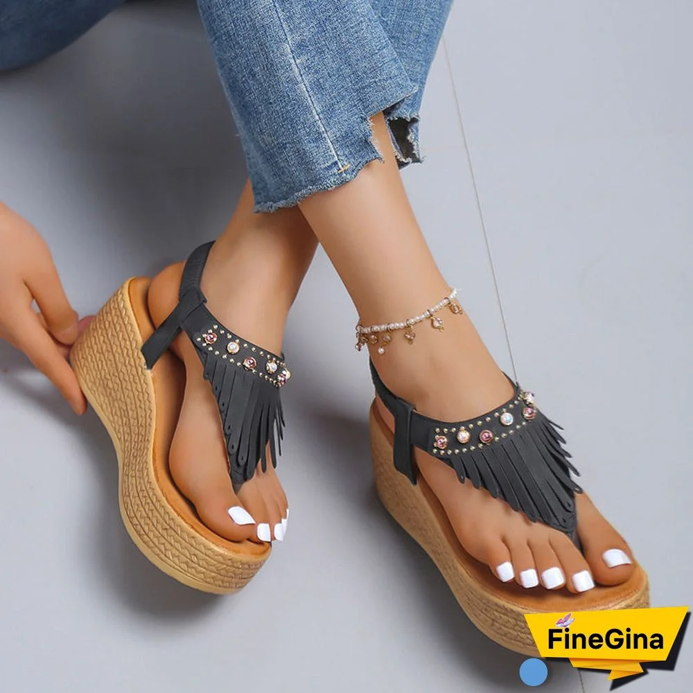 Women's Summer Tassel Wedge Flip Flops Thick Sole Beach Sandals