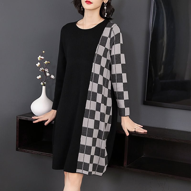 Fall Wear Long Sleeves Loose Large Size Plaid Knitted Dress Mid-length Base Sweater