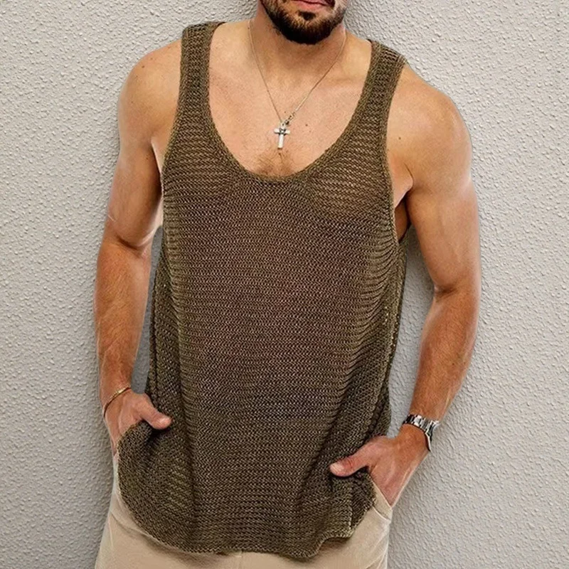 Uveng Uveng New Men's Wear Solid Color Loose Sleeveless Knitted Shirt Woolly Breathable Sports Vest SY0025
