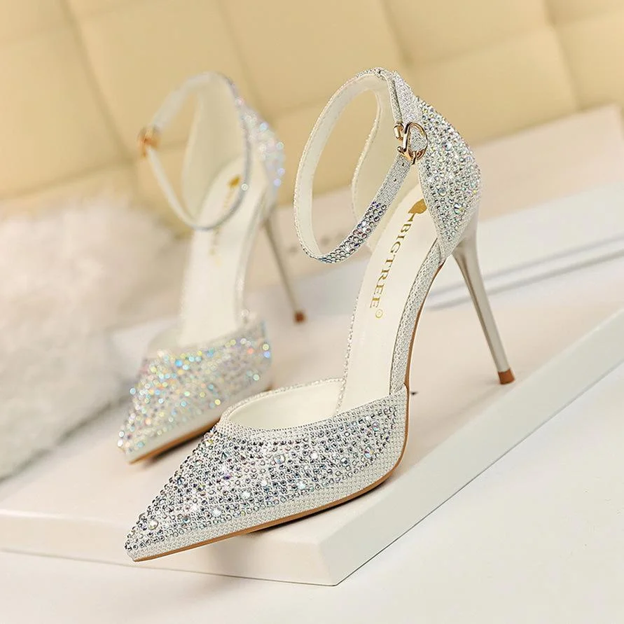 Shallow mouth pointed toe cutout stiletto sandals with rhinestones
