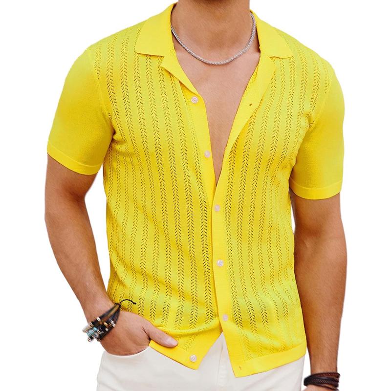 Men's Casual Breathable Hollow Lapel Short-Sleeved Knitted Cardigan