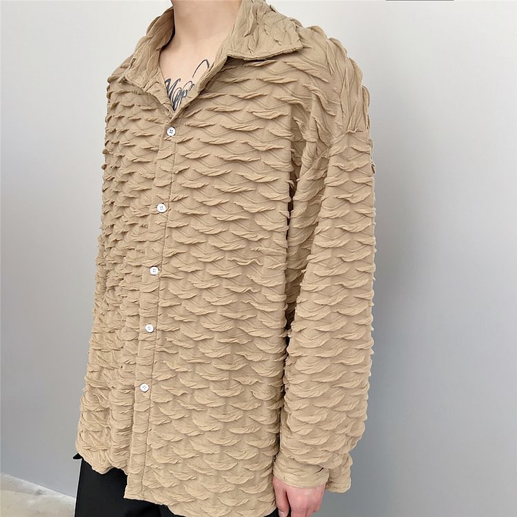 Dawfashion-New Three-dimensional Wave Pattern Fashion Retro Long-sleeved Shirt-Yamamoto Diablo Clothing