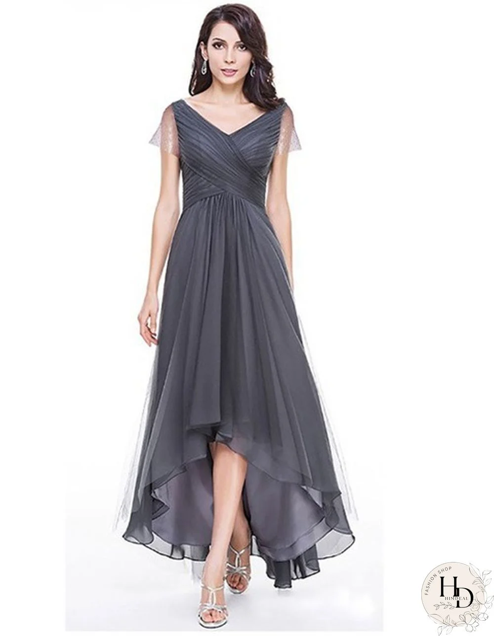 Women V-neck Backless Short Sleeve Elegant Chiffon Prom Evening Party Dresses Formal Maxi Dress Plus Size S-5XL