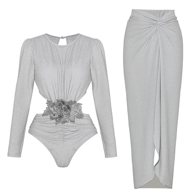 Silver Embroidered Long Sleeves Cutout Swimsuit and Sarong
