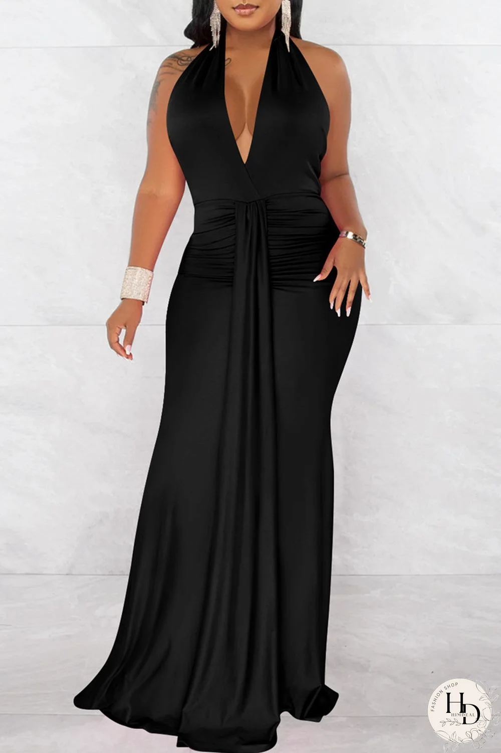 Black Fashion Sexy Solid Bandage Patchwork Backless Fold Halter Long Dress