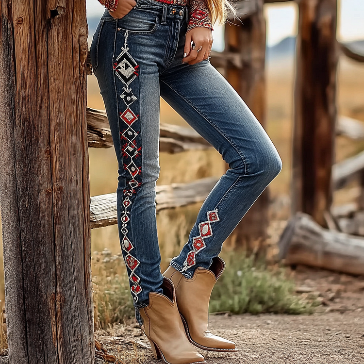 Western Vintage Style Faux Denim Aztec Print Women's Casual Pants