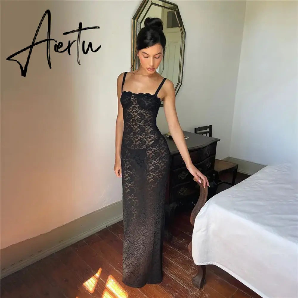 Lace See Through Split Backless Long Dress Sleeveless Spaghetti Straps Sexy Slim Fit Dress Party Night Club Bodycorn Aiertu