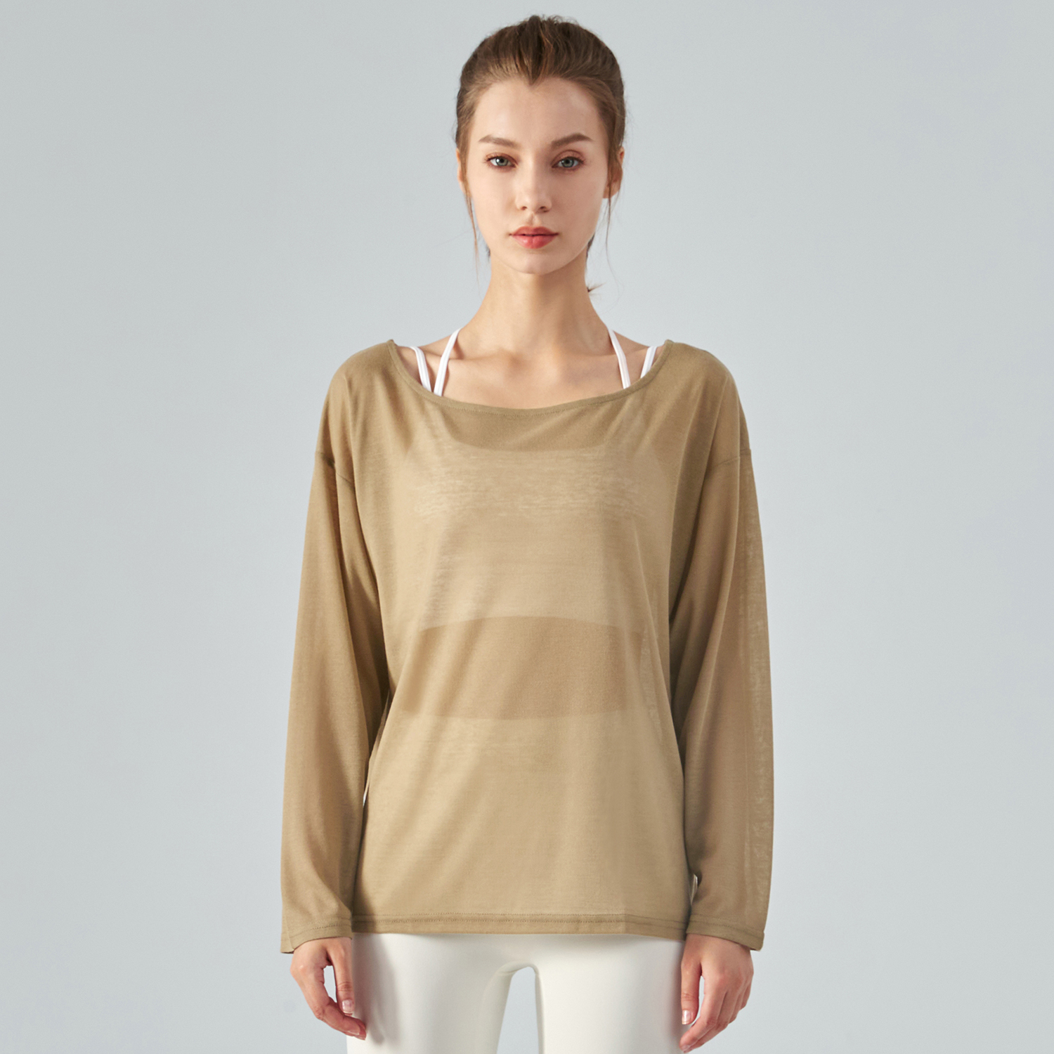 Hergymclothing Khaki Brown off shoulder lightweight butter soft eco skin friendly comfortable everyday casual yoga smock shirt online shopping