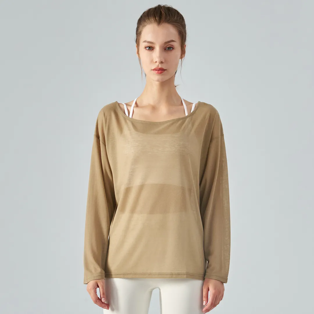 Hergymclothing Khaki Brown off shoulder lightweight butter soft eco skin friendly comfortable everyday casual yoga smock shirt online shopping