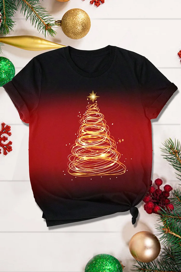 Flycurvy Plus Size Christmas Red Ombre Christmas Tree Print Short Sleeve T-Shirt  Flycurvy [product_label]