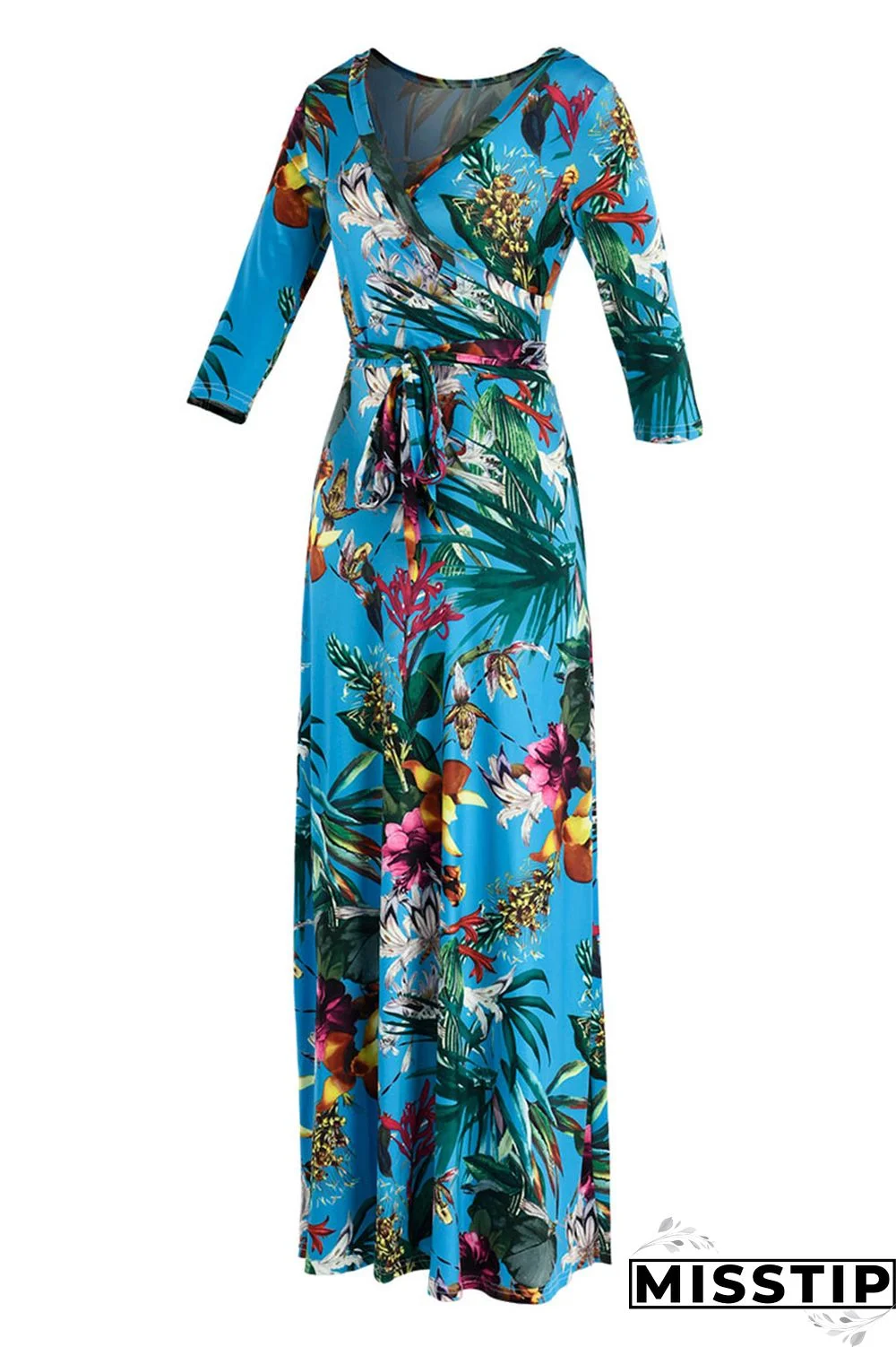Blue Fashion Casual Print Bandage V Neck Long Sleeve Dresses