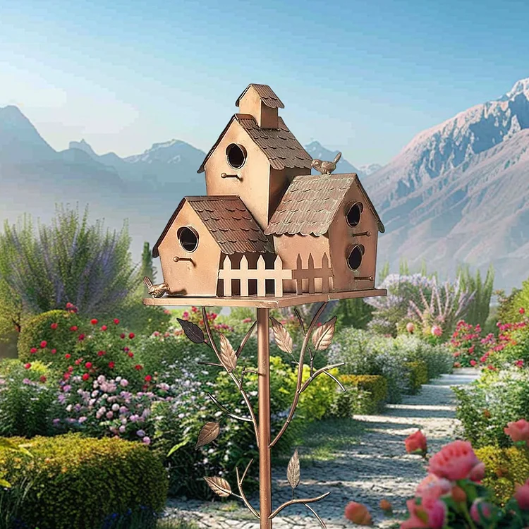 Handmade Metal Birdhouse Garden Stakes