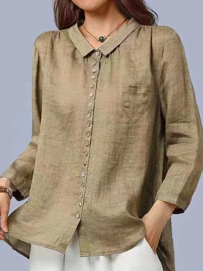 Ladies Solid Color Lapel Button Design Casual Cotton And Linen Shirt