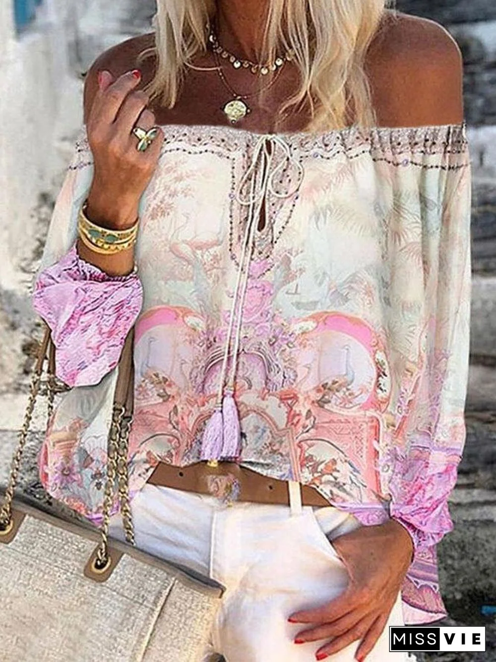 Women's Fashion Print Off-shoulder Top With Flared Sleeves