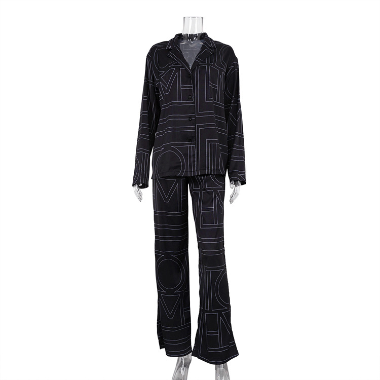 Ootddress Casual Patchwork Printed 2 Piece-Set For Women Trousers Fashion Lapel Shirts Nightwear Slim High Waist Women's Pants Sets