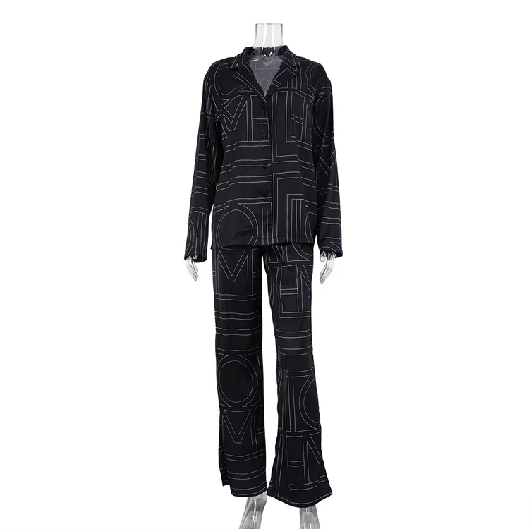 Ueong Ueong 2023 Fall Letter Print Satin Long Sleeve Lapel Shirt Elastic Trousers Casual Suit Women's Wear