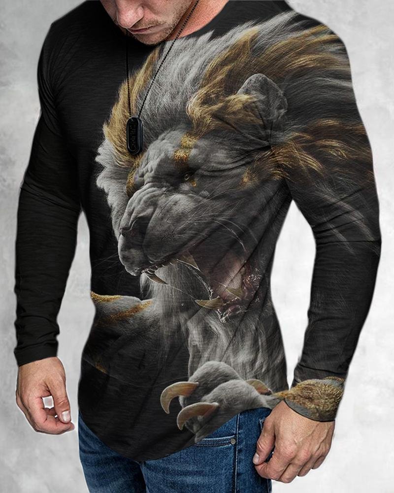 Men's Casual Long Sleeved Creative Lion Pattern T-shirt