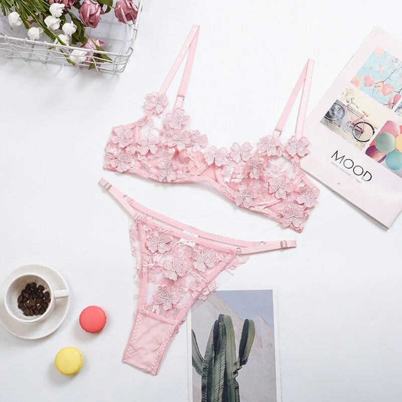 Yimunancy 2-piece Floral Bra Set, Female Transparent Bra + Panties, Sexy Underwear, Underwear Set