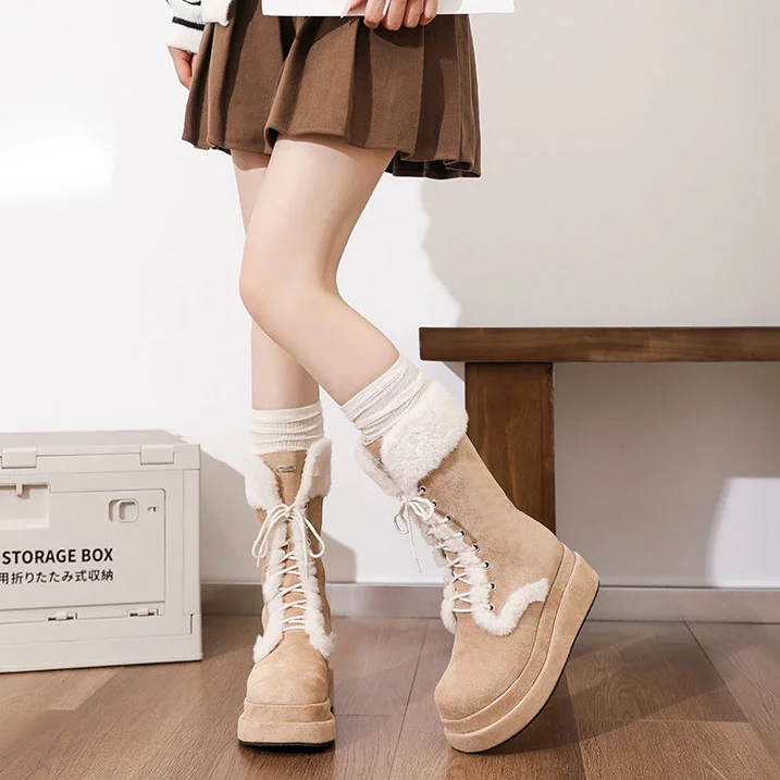 Women's Retro Thick-Soled Velvet Warm Mid-Calf Lace-Up Boots  Stunahome.com