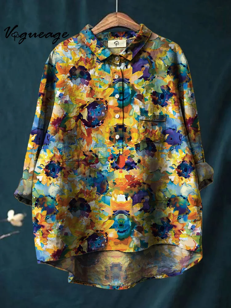 Sunflower Flower Print Cotton And Linen Shirt