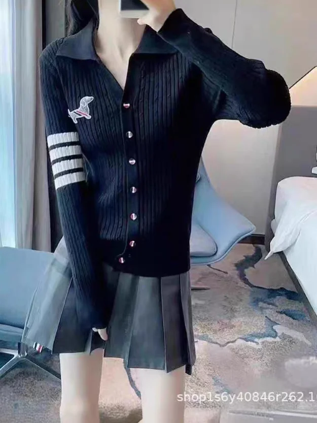 Nigikala Nigikala Bumping Color With A Soft Glutinous Wool Knit POLO Collared Thin Coat Female Spring Animal Embroidered Opener