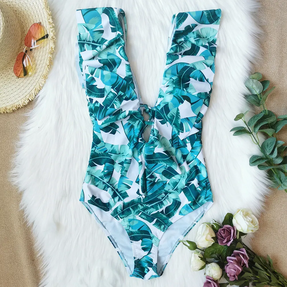 Brownm Printed Flowers Even Lotus Leaf Side Body Swimsuit Women 2025 New Swimsuit Bare Back