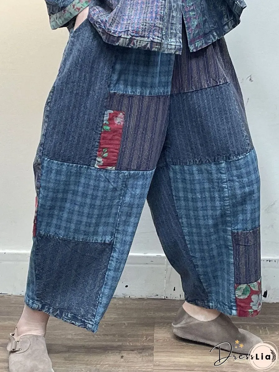 Vintage Patch Spliced Pocket Loose Pants