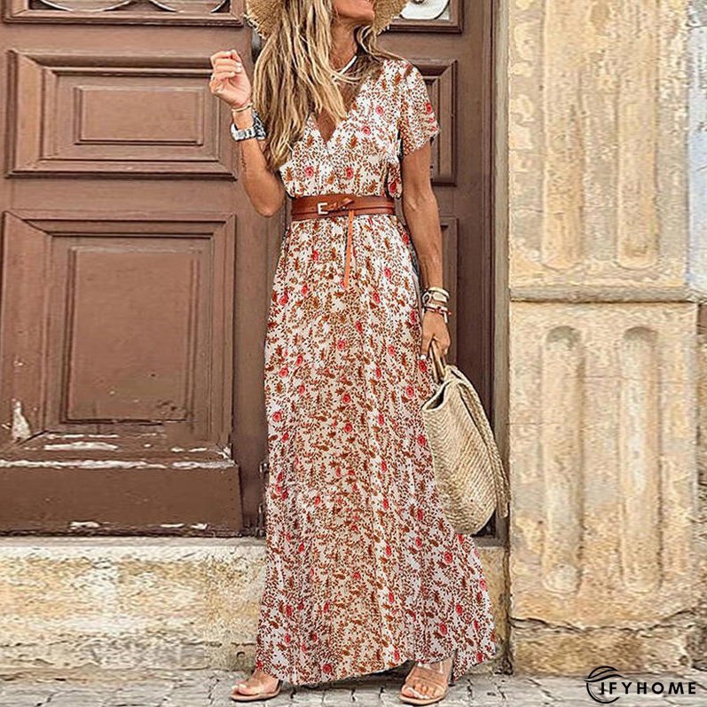 Boho Floral Print V Neck Short Sleeve Maxi Party Dress | IFYHOME