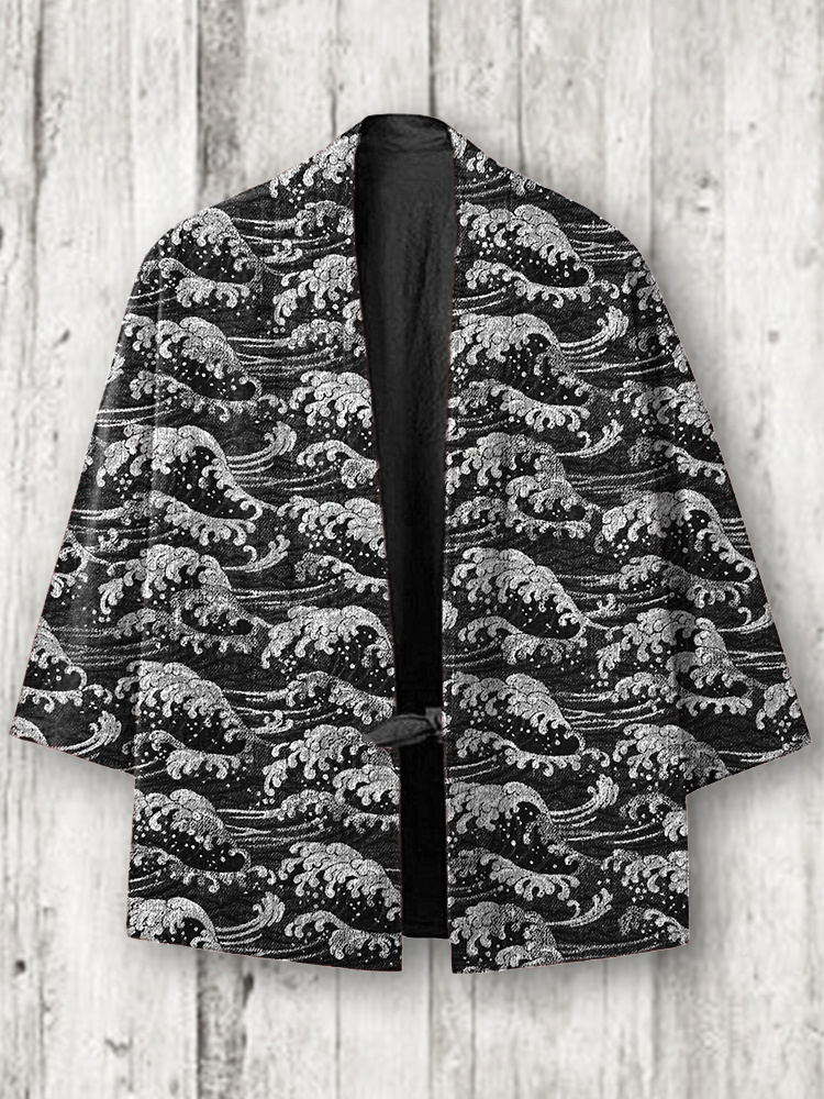 menweary Sea Waves Japanese Art Cozy Linen Blend Kimono Cardigan