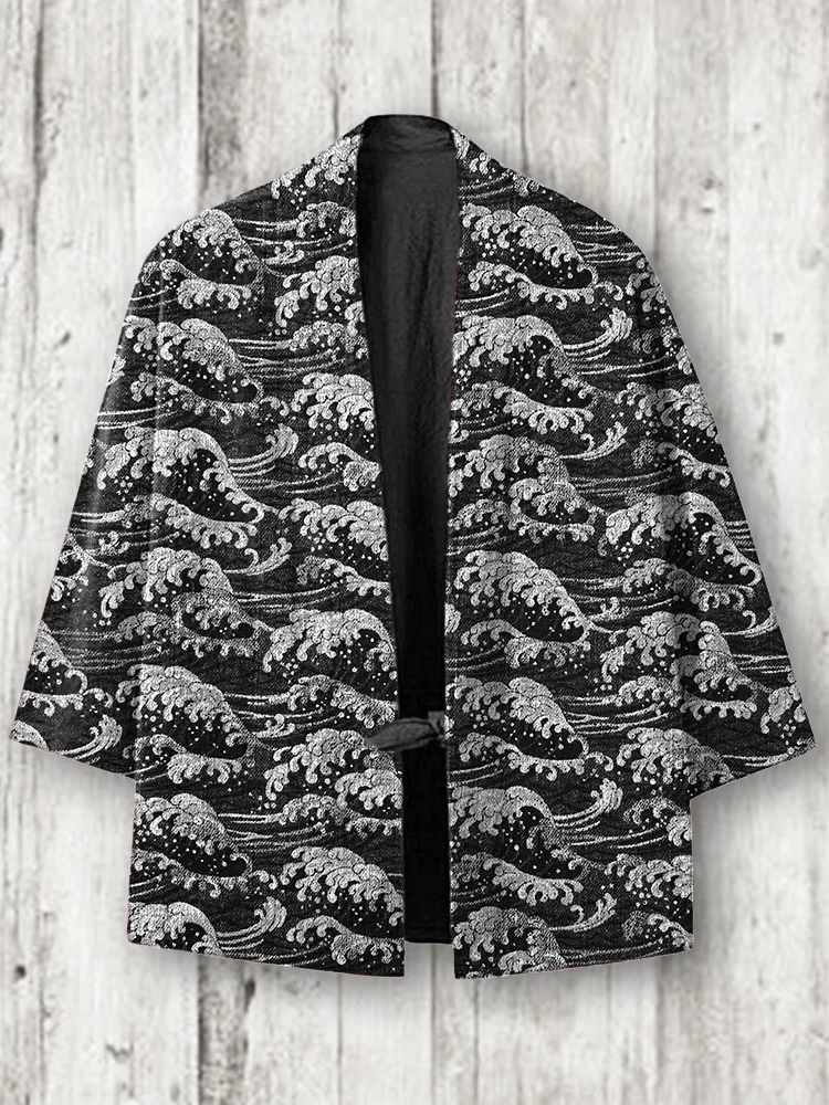 Sea Waves Japanese Art Cozy Linen Blend Kimono Cardigan