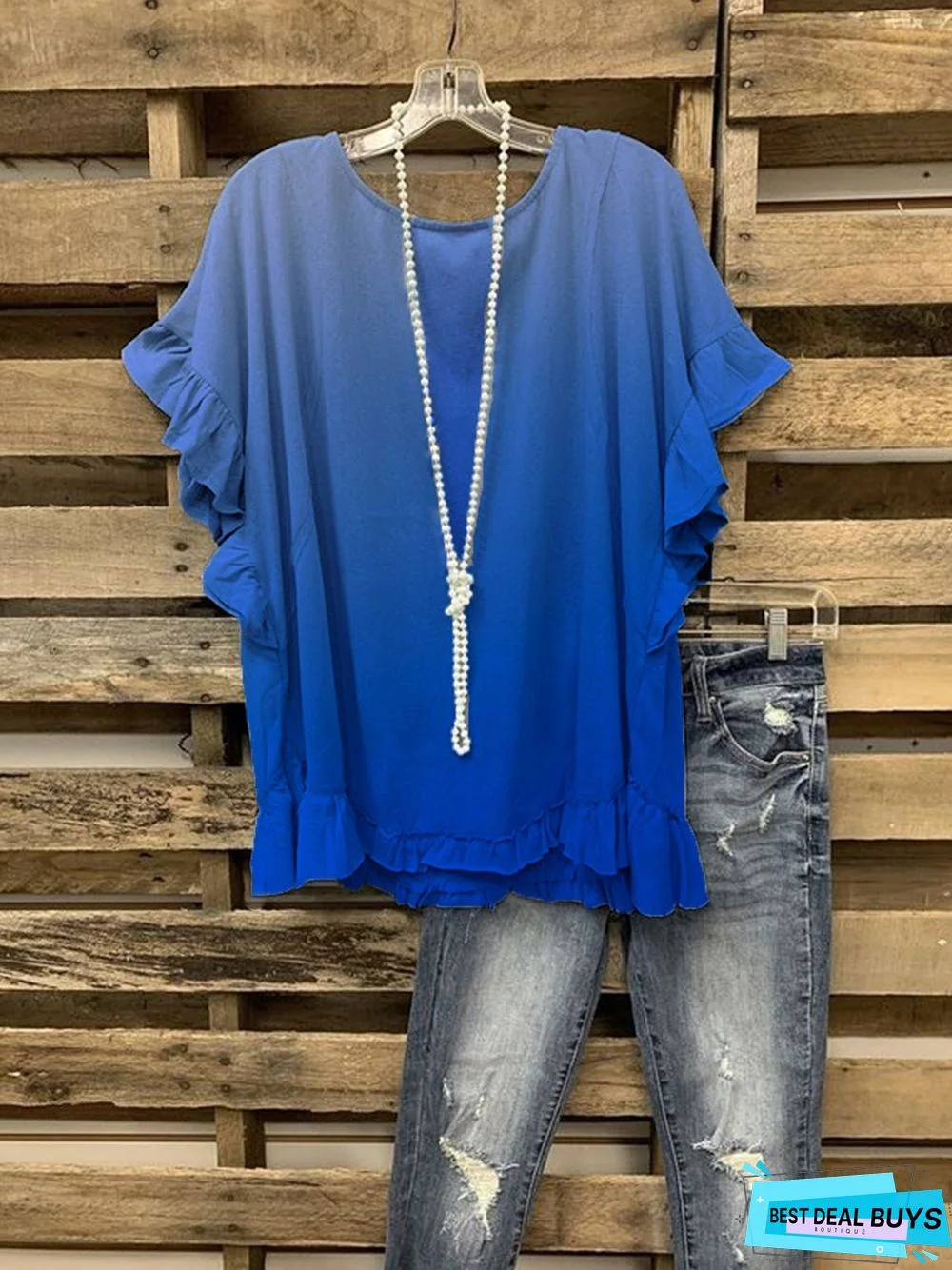 Blue Ombre/Tie-Dye Printed Ruffled Short Sleeve Shift Top