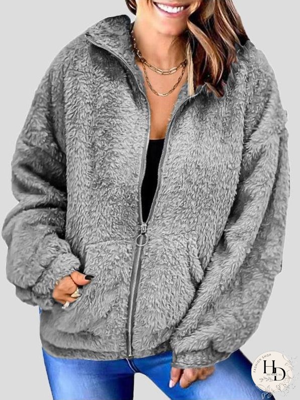 Coats Woolen Fleece Loose Zipper Cardigan Pocket Coat for Women