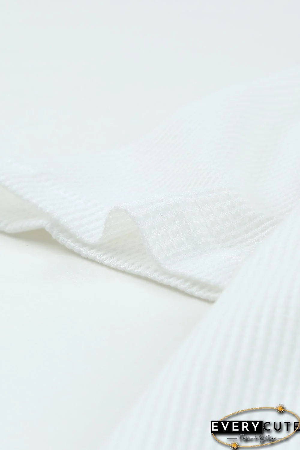 White Lace Crochet Waffle Knit Ruffled V Neck Top