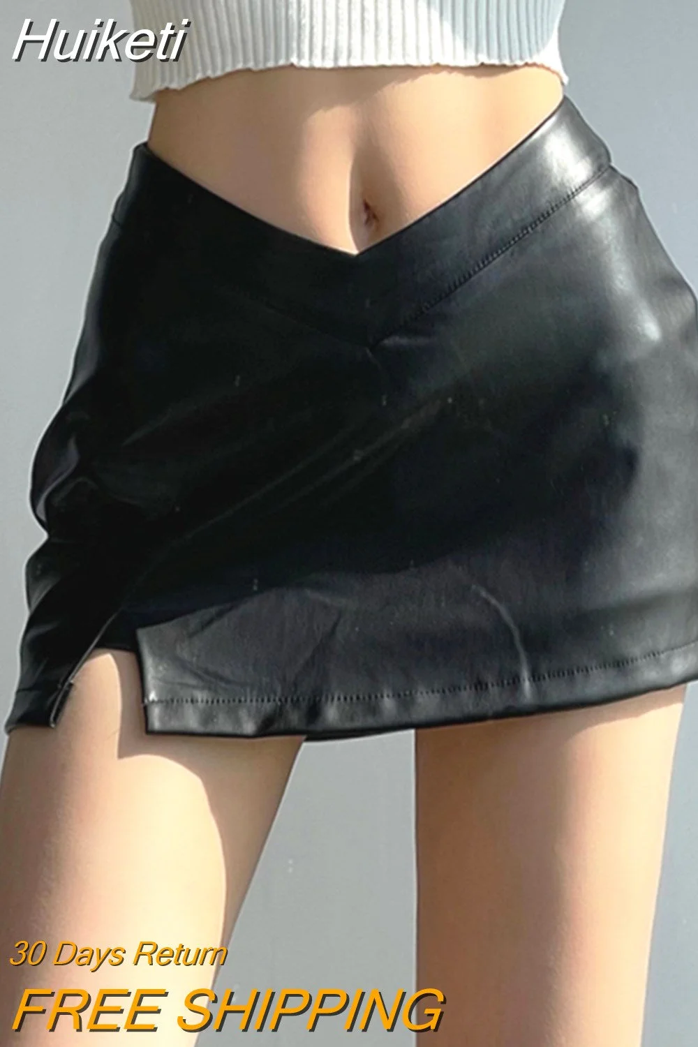 Huiketi Black Soft Stretchy Faux Leather Mini Skirt Women with Slit Low Waist Sexy Hot Girl Short Retro Summer Y2K Clothes 2023
