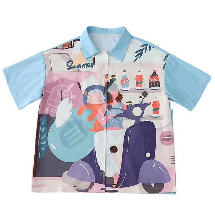 Summer Cartoon Printed Chiffon Shirt - Modakawa Modakawa