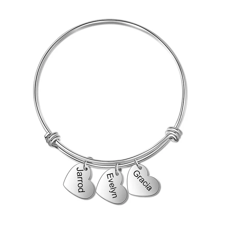 Heart Bangle Bracelet Engraved 3 Names Personalized with 3 Heart Charm