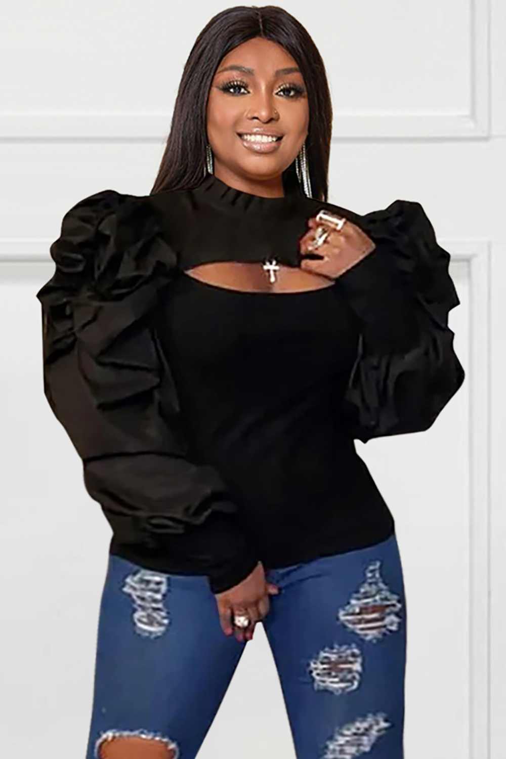 Design Plus Size Daily Blouse Black Cut Out Puff Sleeve Blouses