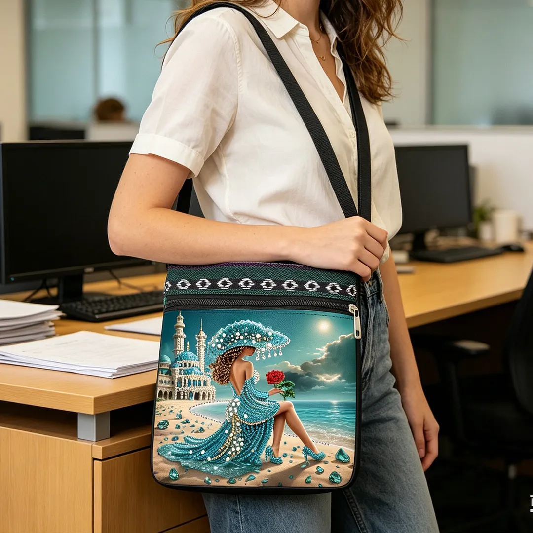Beach Lady DIY Canvas Diamond Art Painting Crossbody Bag Ethnic Style Crystal Rhinestone Art Handbag with Adjustable Strap for Adults Beginners Shopping Gift