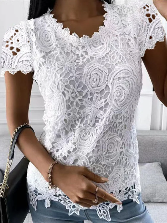 Women Short Sleeve Scoop Neck Solid Color Lace Tops