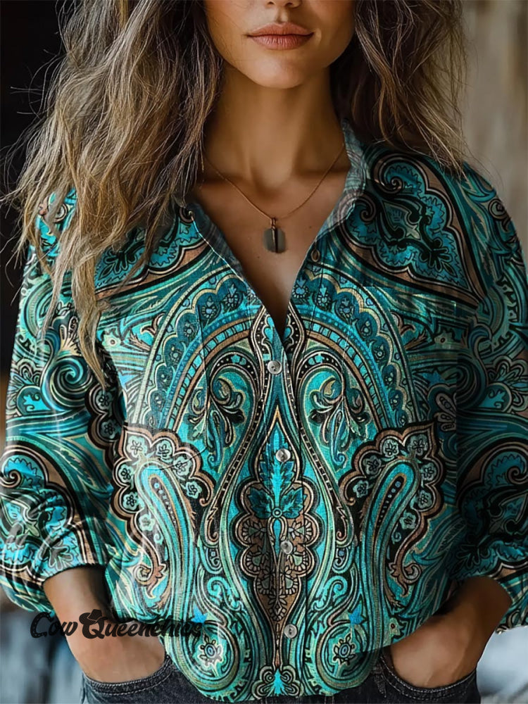 Women’s Turquoise Bohemian Print Casual Shirt Green / S