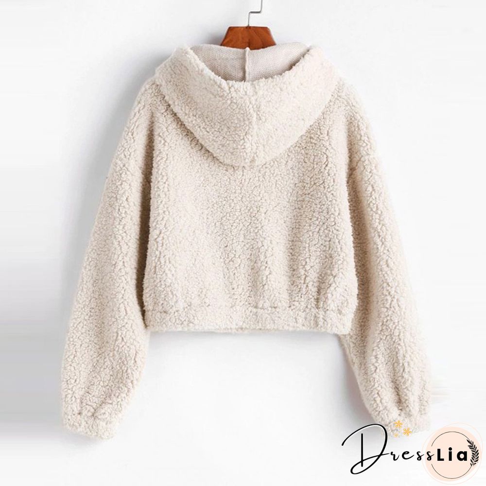 Women Sweatshirt Solid Zipper Long Sleeve Fluffy Plush Sweatershirt Hoodie Tops Women's Hoodie